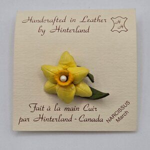 Handcrafted Hinterland Leather Flower Brooch Yellow Daffodil Pearl Canada w/ Box